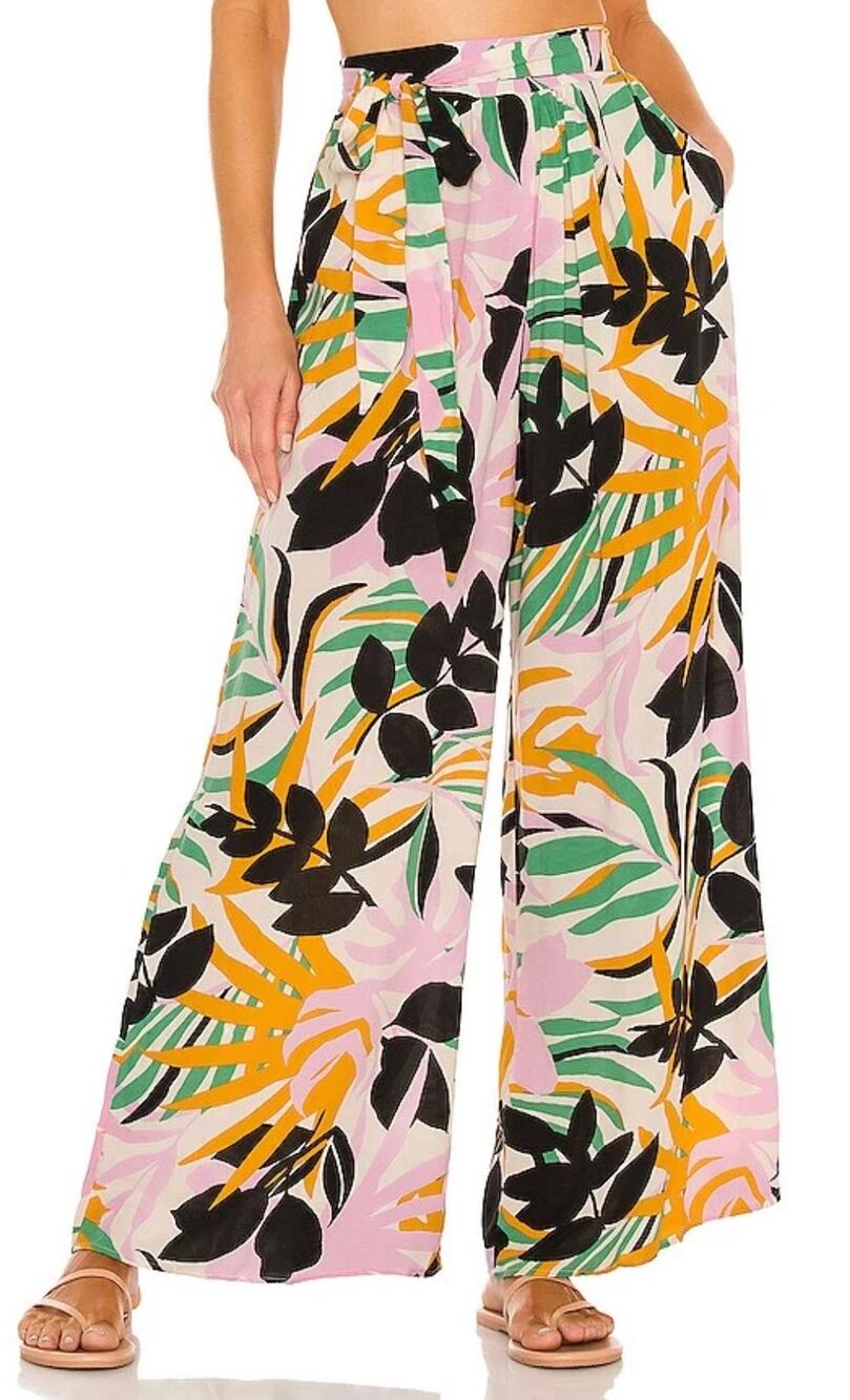 Maaji Tropical Print High Waisted Belted Wide Leg Palazzo Pants Pink Medium